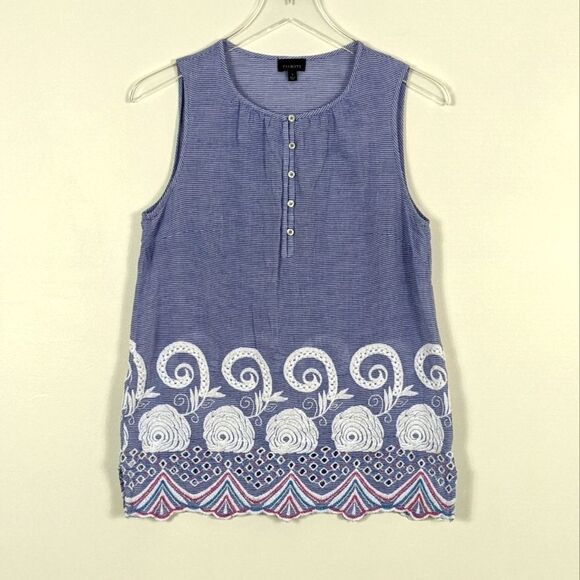 Talbots Blue Striped Embroidered Sleeveless Chambray Top Women's Small - Picture 2 of 7